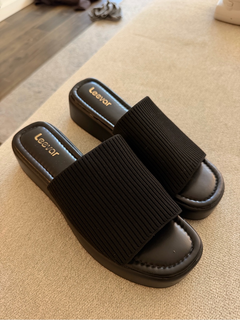 Black Ribbed Platform Slide Sandals
